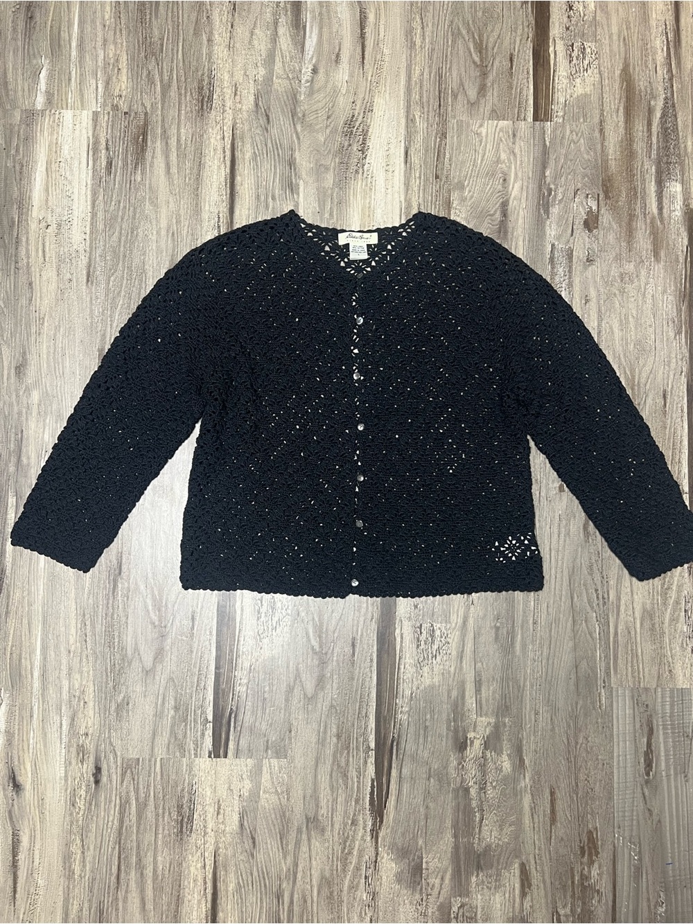 Vintage Eddie Bauer Black Crochet Cardigan Linen Cotton Large